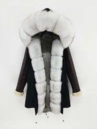Women's Fur OFTBUY 2022 Long Parka Real Coat Winter Jacket Women Natural Collar Hood PU Leather Sleeve Lliner Outerwear
