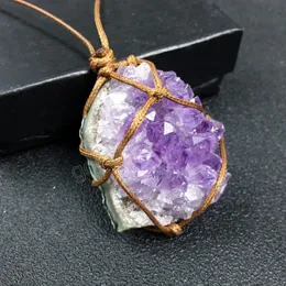 Handcraft Wrap Braid Reiki Healing Raw Mineral Halsketten Natürliche Cluster Quarz Halskette Amethysten Kristall Anhänger Halsketten Femme Collier