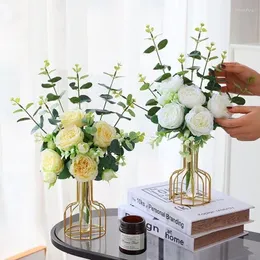 Flores decorativas de alta qualidade artificial com vaso para decoração em casa Bordado peony wedding bouquet plantas falsas de seda eucalipto folha