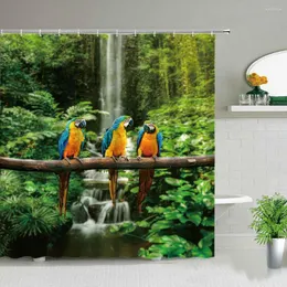 Duş perdeleri tropikal orman papağan manzarası palmiye ağacı okyanus kumsal kuş manzara banyo dekor bezi perde