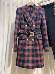 Kvinnors kostymer Blazers Stylist London Luxury Office Uniform Style Fit Global Business Esquire Office-Ready Look Temperament Plaid With Belt Slim Mini Dress XXL F077