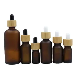 Glass Dropper Bottle Bamboo Woode Lid Portable Empty Frost Brown Essential Oil Vials Refillable Container 5ml 10ml 15ml 20ml 30ml 50ml 100ml