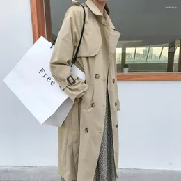 Trench feminina casacos hzirip minimalista clássico lapela solta lape de peito duplo longo