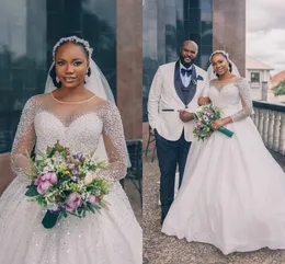 Südafrika Pailletten-Perlen-Ballkleid-Hochzeitskleider mit langen Ärmeln Wunderschönes Aso Ebi-Prinzessin-Zeremoniekleid für Bräute Vestidos De Novia Plus Size CL1220