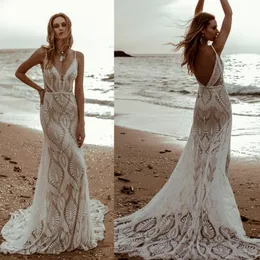 Boho Beach Lace Mermaid Wedding Dress Spaghetti Thin Straps Long Bridal Gowns Seeveless Illusion Nude Lining Backless Country De Mariage 2023 Summer
