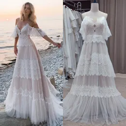 Bohemian A-Line Wedding Dress Spaghetti Backless Long Spets Tulle Boho Beach Bridal Gown Sweep Train Back Lace-Up Plus Size Summer Robe de Mariage