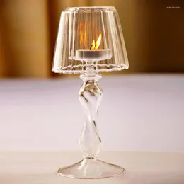 Titulares de vela European Crystal Glass Title Table Lamp geométrico Transparente Stand Candlestick Romântico Porta Candle Kandelaars