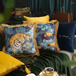 Kudde American Luxury Tiger/Bird Printed Cover Tassel Decorative Blue Yellow Velvet Pillow Casts Throw Covers ryggst￶d