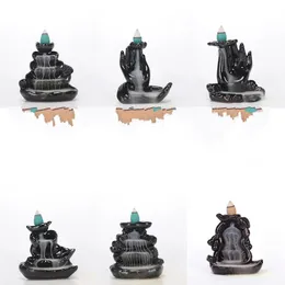 Candle Holders Ceramic Waterfall Incense Burner Set Handcraft Lotus Pond Censer Ash catcher Backflow Incenses Holder RRE14692