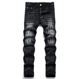 Jeans masculino slim fit elástico preto primavera outono estampado com letras Vaqueros casual reto streetwear calça jeans de cintura média de algodão