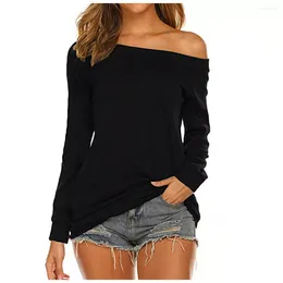 Women's T Shirts Women Black Long Sleeve Boat Neck Off Shoulder Tee Shirt Tunic Tops Slim Tshirt Casual Woman Tshirts Basic Spring