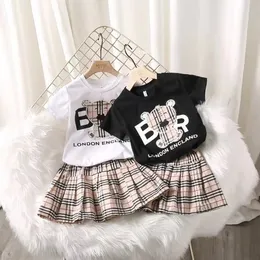 키즈 여자 여름 의류 세트 짧은 소매 탑 t-셔츠 격자 무늬 스커트 어린이 아기 옷 세트 2pcs