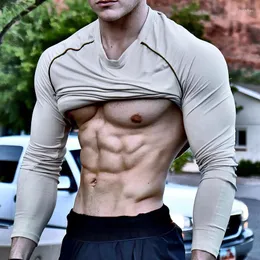 Camisetas masculinas de manga longa de ginástica masculina Exercício de bodybuilding corgger manga irregular shapewear