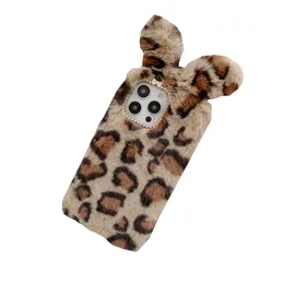 Leopard 3D Ear Genuine Rabbit Hair Cases For Samsung A53 A73 A33 5G A23 A13 A32 4G A03S S22 Ultra Plus Note 20 S21 Soft TPU Bling Diamond Fluffy Fur Lovely Cute Phone Cover