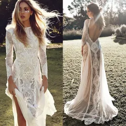 Bohemian Sheath Wedding Dress Long Sleeves Chiffon And Lace Beach Bridal Gown 2023 Appliques Nude Lining Sexy Backless Summer Vestidos De Novia Sweep Train