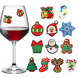 Julekorationer 12st/Set Wine Cup Sticker Söt tecknad jultomten Elk Snöflingor PVC -dekaler för glasdekor Recognizer Supplies