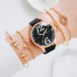 Reloj de pulsera reloj de moda para mujeres 5pcs set magnet numerals árabe dial damas relojes pulsera hembra caída de reloj negro