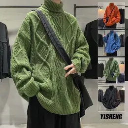 Maglioni verdi Pullover invernale da uomo Maglioni a collo alto Streetwear Maglione da pescatore Maglione a trecce Tendenze oversize