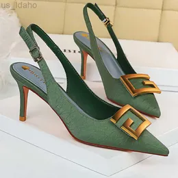 Sandals BIGTREE Shoes Green Women Sandals Metal Square BuCKle Kitten Heels Hollow Strap Summer Sandals Luxury Party Shoes Stiletto L220923