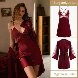 Mulheres sleepwear robe conjuntos noite vestido mulheres cetim sleepwear noiva dama de honra presente de casamento sexy renda camisola quimono roupão vestido t221006