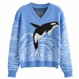 Suéteres femininos Blue Pullovers Herbst Winter Mode Warme fácil de colocar e decolar. Jumper de mangas compridas para mulheres impressas de golfinhos
