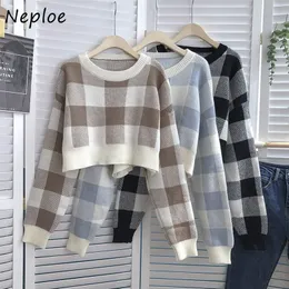 Damenpullover Neploe Vintage Plaid Kontrastfarbe Rundhalspullover Frauen Langarm Strick Crop Top Frau Koreanischer Stil Strickpullover weiblich 221006