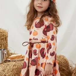 Girls Dresses Exclusive Girlymax Fall Thanksgiving Baby Girls Milk Silk Floral Turkey Print Twirl Dress Knee Length Kids Clothing Long Sleeve 2201006