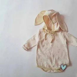 Rompers Baby Girl Cute Rabbit Print Hel ärmar Jumpsuit Boy Cotton Bodysuit One Piece Spädbarnskläder med Fashion Rabbit Ear Cap J220922