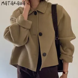 Kurtki Matakawa Koreańska moda Vintage Odkręć kołnierz swobodny luźne wełniane rękaw wełniane kobiety solidne veste femme y2210