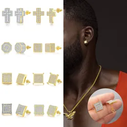 Hip Hop Screwback Stud Earrings Cylinder Shape Bling White Zircon Dangle Earrings Gold Plated Vintage Geometric Jewelry