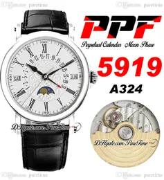 PPF Perpetual Calendar 5919 A324 Automatyczne męskie zegarek Księżyc Faza 38 mm stalowa obudowa 3D Flowers Totem Dial Roman Black Leather Pasp Super Edition A1