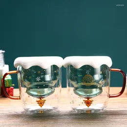 Tasses résistantes à la chaleur, tasse en verre à Double paroi, dessin animé, arbre de noël, lait, bière, café Transparent, cadeau de Couple