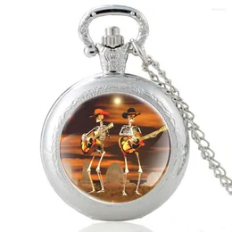 Orologi da taschino Skeleton Guitar Band Orologio al quarzo vintage Uomo Donna Classic Glass Cabochon Pendente Collana Ore Fob Orologio Regali