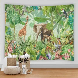 Tapissries 3d Retro Tropical Forest Tapestry Green Plant Animal Blommor Natural Landskap Vägg hängande hem sovrum astetiskt rum dekor tapiz