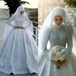 Modest Muslim Wedding Dress Long Sleeves 2023 Lace Appliqued Beaded High Neck Islamic Arabic Dubai Satin Bridal Ball Gown Vestidos De Novia