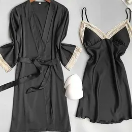 Mulheres sleepwear laço guarnição nupcial casamento robe conjunto feminino 2021 novo 2 pçs suspender nightdress roupão terno sexy primavera outono quimono banho vestido t221006