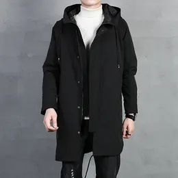 Hommes Trench-Coat Avec Capuche Noir À Capuche Coupe-Vent Long Manteau Automne Ourdoor Veste Punk Style Rue Tendance