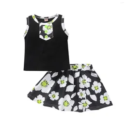 Ensembles de vêtements 2 pièces tenues d'été pour bébés filles bloc de couleur col rond bouton débardeur jupe imprimée fleur 1-5T