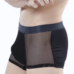 Unterhosen Herren Boxer Unterwäsche Männer Sexy Ultra-dünne Eis Seide Boxer Männliche Mesh Hohl Shorts Schwarz Mann Höschen Calzoncillo hombre