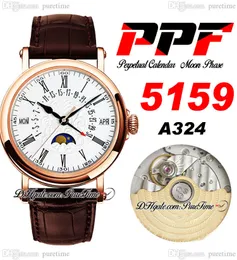 PPF Ewiger Kalender 5960R A324, automatische Herrenuhr, Mondphase, 38 mm, Roségoldgehäuse, silbernes Blumen-Totem-Zifferblatt, schwarzes römisches braunes Leder, Super Edition Puretime G7