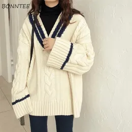 Women's Sweaters Sweaters Women Korean Patchwork Design V-neck Thicker Soft Winter Fall Vintage Flare Sleeve Lady Knitwear Preppy Femme Pullovers 221006