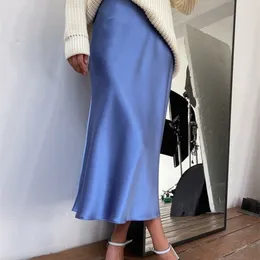 Kadınlar için Günlük Elbiseler Tataria İpek Saten Etekler Yüksek Belli A-Line Zarif Yaz Pembe Midi Kore Tarzı 221.007