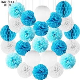 Andra evenemangsfestleveranser 24 st/set vitt blått papper Big Lantern Tissue Pompoms Flower Honeycomb Ball Baby Shower Kids Birthday Wedding Decorations 221007