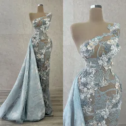 2023 Abiti da sera a sirena Una spalla Collo senza maniche Applique in pizzo Paillettes Designer Abiti da cerimonia su misura Abiti da ballo arabi