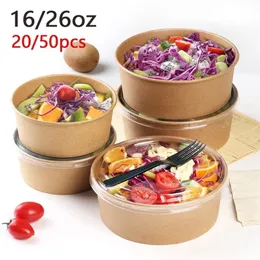 Engångskoppar sugrör 20/50 st kraftpapper skålar frukt sallad skål matförpackning containrar takeaway party gavon ​​16/26oz med lock 221007