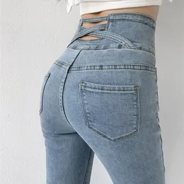 Kvinnors jeans zoenova mager blyerts fyra knappar vintage hög midja kvinnor smala stretch denim byxor täta byxor 221007