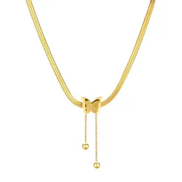 Colar de corrente de cobra plana de aço inoxidável cor dourada para mulheres punk vintage borboleta contas pingente colar