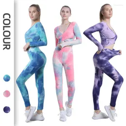 Conjuntos ativos Women Sport Sport Set Yoga Pants Fitness Gym Crop Top Tone Ter Suit Feminino Manga Longa Joging Jogging