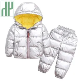 Giyim Setleri HH 2pcs Set Moda Çocuklar Kış Ceket Kızlar için Kış ceketi Sıcak Parlak Giysiler Erkek Çocuklar Bebek Su Geçirmez Snowsuit Pants Paltolar 221007