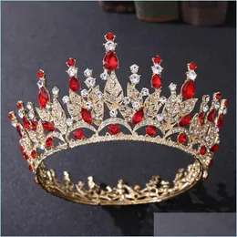 Pannband bröllop brud flor krona rund tiara kristall strass pannband hår tillbehör smycken huvudstycke röd blå diamant prom 24 dhvg0